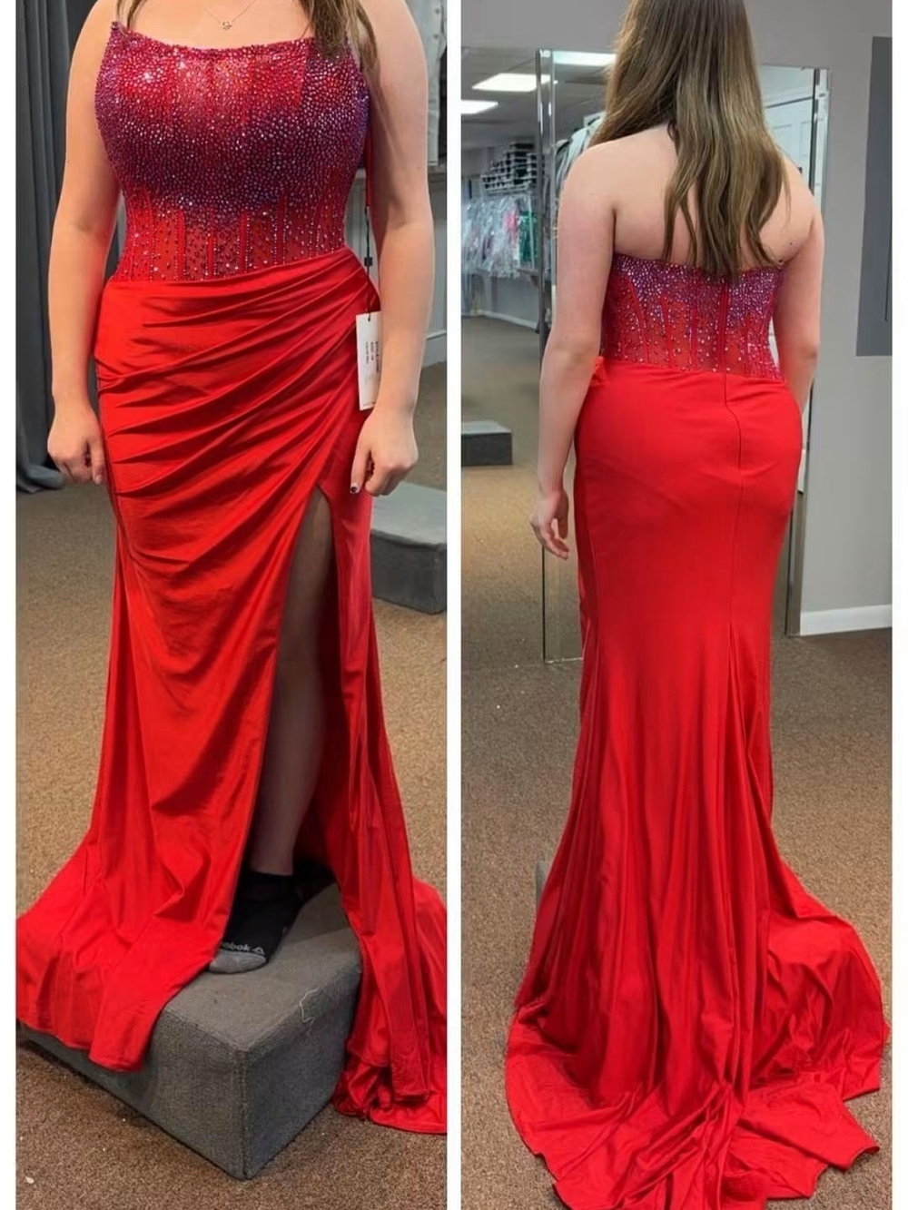 Red Strapless Beaded Prom Gown with Side Slit